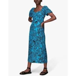 Whistles NEW Starflower Linen Blend Puff Sleeve Midi Sheath Dress Blue Black